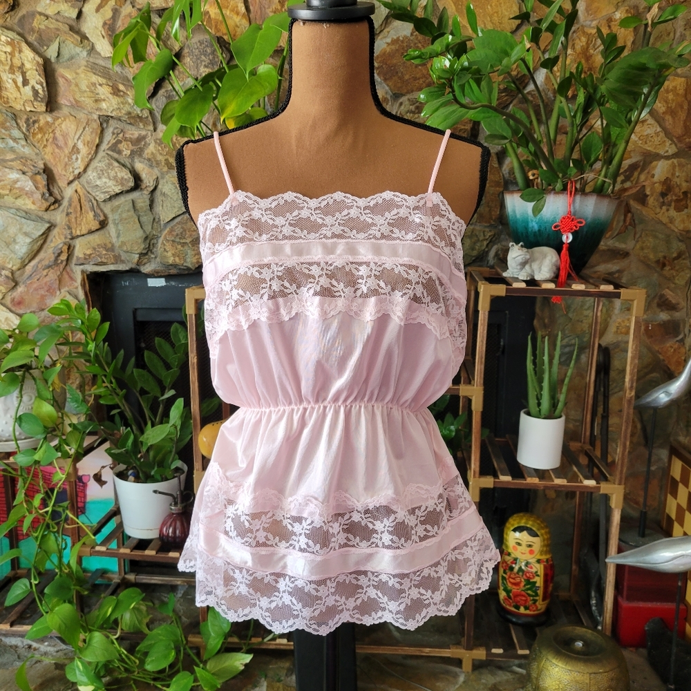 Vintage Used Pink Lace Cami Underwear Silky Sexy Size Medium Large